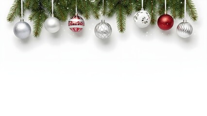 Minimal Christmas background featuring hanging baubles, pine branches, and subtle snow particles against a white studio setting