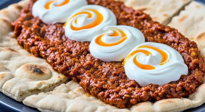 Conceptual Textural Study Iskender Kebab Pita Creamy Yogurt Abstract Food Close Up