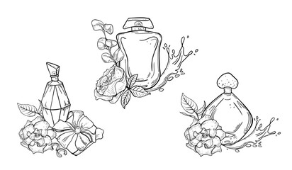 Perfume bottle outline with blooming rose and splash effect hand drawn. Black white vector illustrations set for feminine gift packaging and print. Line art for Valentine Day, beauty cosmetic design.