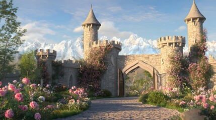 Majestic castle gate roses bloom beneath snow peaks a serene fairytale landscape unfolds beautifully