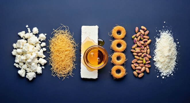 Deconstructed Knafeh Elements Cheese Vermicelli Syrup Pistachios Culinary Ingredients