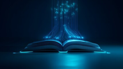 Futuristic knowledge streams rise from open book showcasing modern digital learning concept