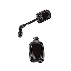 Nail polish bottle with applicator and drip black silhouette. Hand drawn vector graphic element for cosmetic illustration. Beauty object for manicure and pedicure design. Polish drop on brush tip.