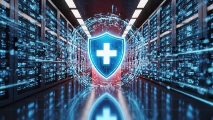 Data security shield with digital network in modern server room environment - Powered by Adobe