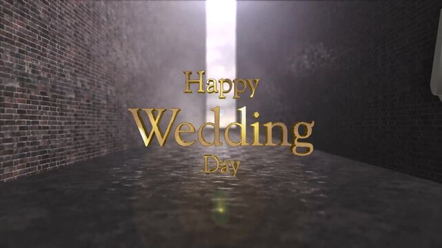 金色に輝くHappy Wedding Day の3dテキスト　10秒からのカウントダウンマーク 回廊を進む視点　結婚式オープニングの背景　キラキラ輝く金属の反射　お祝い・ウエディングパーティー・イベントのビデオイメージ