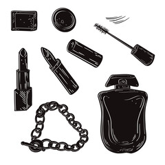 Vector illustrations beauty and makeup products for women on white. Black silhouette elements for girls design fashion concept. Beauty products for cosmetics store advertisement. Clipart for 8 March.