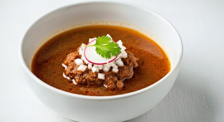 Elegant Barbacoa Consomme Delicate Garnishes White Linen Fine Dining Mexican Soup