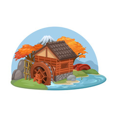 Japanese Watermill House with Autumn Landscape Illustration Vector