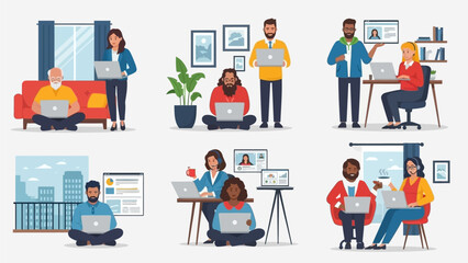 UntitledDiverse group of people working remotely on laptops in various home office settings, illustrating modern flexible work arrangements.
