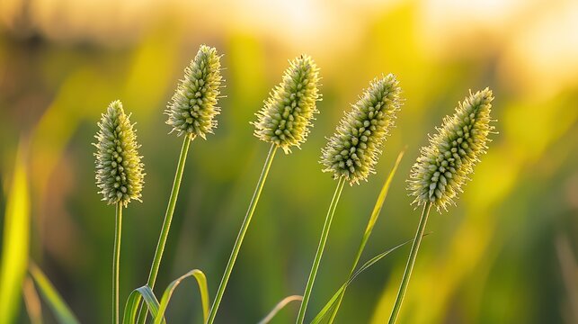 plantago. Plantago ovata plant with slender flower spikes swaying in golden hour light. gardening catalogs, home-decor guides, designed for gardening and botanical catalogs.