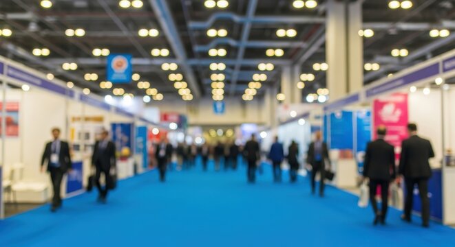 Blurred indoor exhibition hall filled with visitors. People explore pavilions featuring cars home appliances tech gadgets food items on blue carpeted show floor