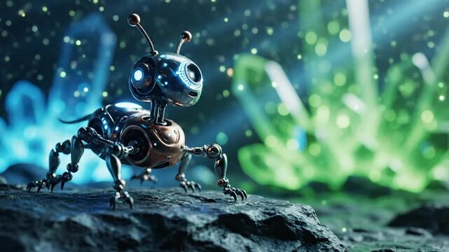 Robotic Ant Exploring Alien Landscape with Glowing Crystals and Particle Effects
