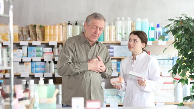 Elderly man complains to a pharmacist about pain in the heart area. High quality 4k footage