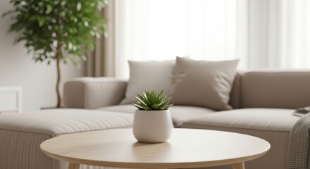 Cozy living room interior with light brown wooden coffee table. Small succulent plant sits on table. Beige sofa blurred in background