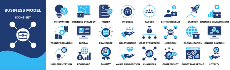Business model icon collection set. Containing innovation, target customer, strategy, policy, process icon