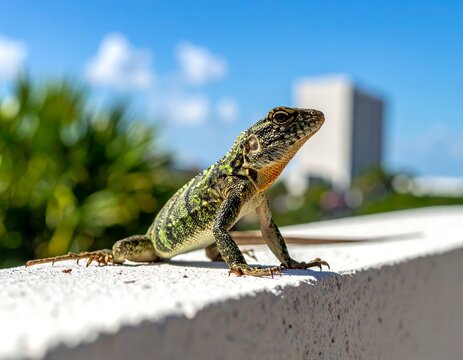 Lizard perched on wall, bright day, green and brown scales - Powered by Adobe
