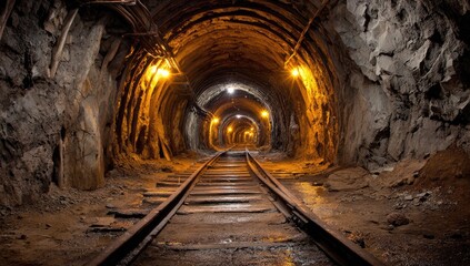 Obraz premium A dimly lit tunnel, with train tracks stretching into the distance. The rocky walls and ceiling are illuminated by sparse lights