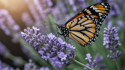 Naklejka premium Monarch butterfly feeding on vibrant lavender flowers, macro close-up, delicate wings, natural light, springtime garden beauty, macro photography detail.