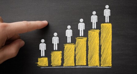 A hand points to a chalk-drawn growth chart with stick figures on steps symbolizing team/business expansion