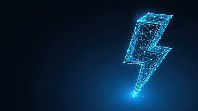 Abstract digital lightning bolt formed by glowing blue network lines on dark background representing power and technology