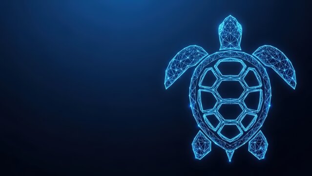 Abstract digital turtle illustration with blue wireframe glowing on dark background