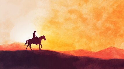 Cowboy Silhouette Sunset Serene Desert Landscape Artful Watercolor Dusk Scene Image