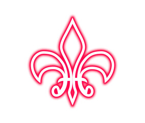 Stylized bright red and white neon outline of a fleur de lis symbol on transparent background