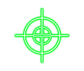Bright neon green glowing crosshair target symbol on a solid for gaming on transparent background