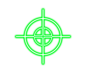Bright neon green glowing crosshair target symbol on a solid for gaming on transparent background