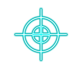 Glowing cyan neon crosshair target symbol for gaming or security concepts on transparent background