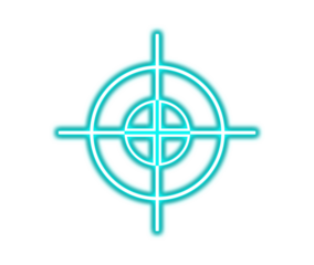 Glowing cyan neon crosshair target symbol for gaming or security concepts on transparent background