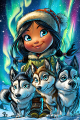 Girl with Huskies under the Aurora Borealis Sky