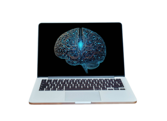Brain theme is display on laptop screen. isolated on transparent background