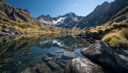 A serene alpine lake reflects towering mountains and clear sky, showcasing a pristine wilderness environment