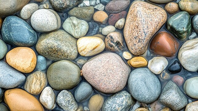 osmium. Smooth, rounded river stones resting on a riverbed, polished by water, with soft aquatic lighting. travel magazines, destination branding, designed for outdoor magazines and nature guides.