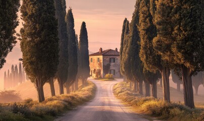 A sun-kissed road lined with cypress trees leads to a charming rustic house, bathed in warm hues of sunrise
