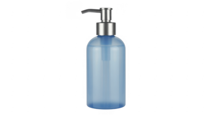Blue translucent soap dispenser bottle with silver pump isolated on a transparent background