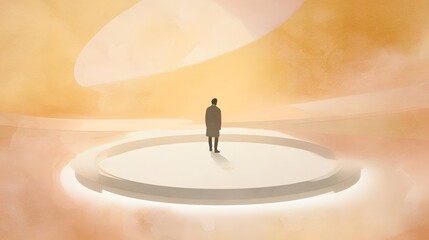 Man Stands on Glowing Platform Modern Futuristic Design Represents Digital Innovation Serene Minimal Space