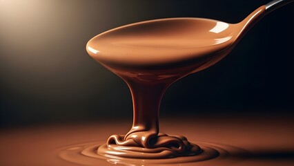 Elegant stream of hot melted chocolate being poured, emphasizing creamy consistency and luxurious dessert presentation.