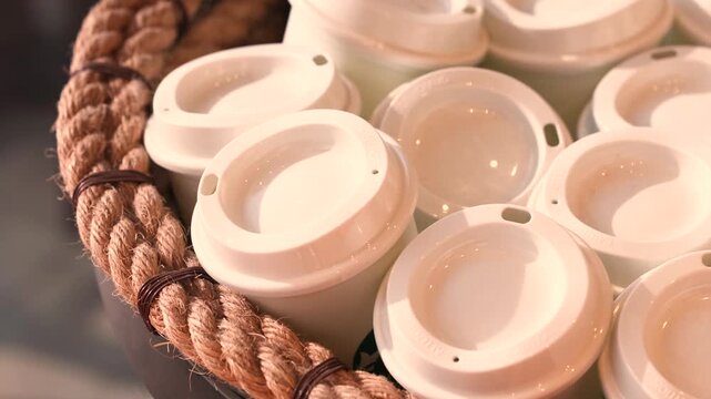 Stack of white plastic coffee cups with white lids in basket reusable cups
