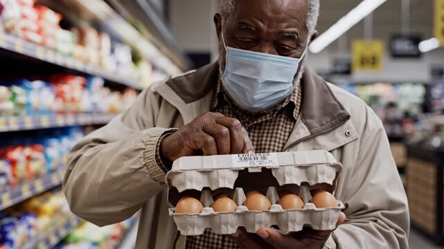 Elderly man with mask shopping for eggs at grocery store during pandemic, close up shot