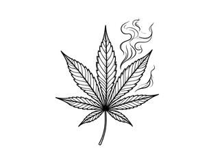 Artistic black and white illustration of a cannabis leaf with smoke