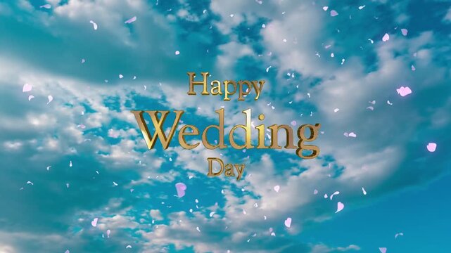 結婚式の背景　青空と流れる雲のさわやかな背景　キラキラ輝くHappy Wedding Dayの3dテキスト　光を反射する文字の表面　舞い散る花びらフラワーシャワー　ウエディングパーティー・オープニング・タイトル・お祝いの背景