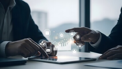 Two businesspeople discussing data on a tablet in an office setting