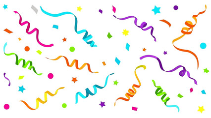 Colorful confetti and ribbons scattered on a white background, conveying a joyful and celebratory atmosphere for happy new year 2026.