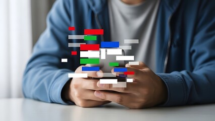 Man sitting at a table with pixelated blocks floating above his hands