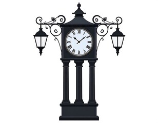 Artistic black street clock with lamps on a white backdrop