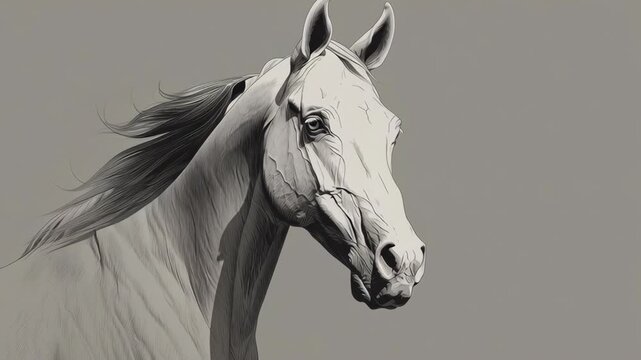 A horse with a long mane and a black and white background. Contemporary zodiac horse art print, smooth contours, understated sophistication, zodiac horse contemporary design