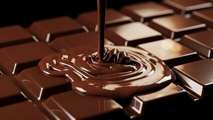 Melted chocolate flowing over chocolate bar squares, creating a tempting and indulgent dessert background.