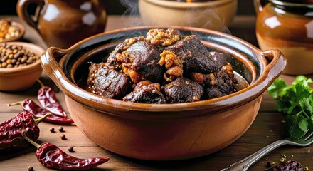 Mystical Barbacoa Ancient Ceramic Pot Chiaroscuro Lighting Earthy Tones Rustic Meat